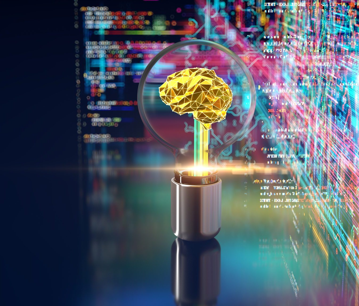 Lightbulb with brain inside. Machine Learning Concepts. Digital transformation and big data. AI – Artificial Intelligence , quantum computing. Abstract code Digital background depicting innovative technologies in (AI) artificial systems, neural interfaces and internet machine learning technologies
